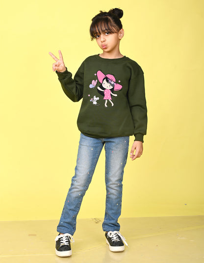 Nusyl Girl's Olive Cute Girl Printed Round Neck Oversized Sweatshirt