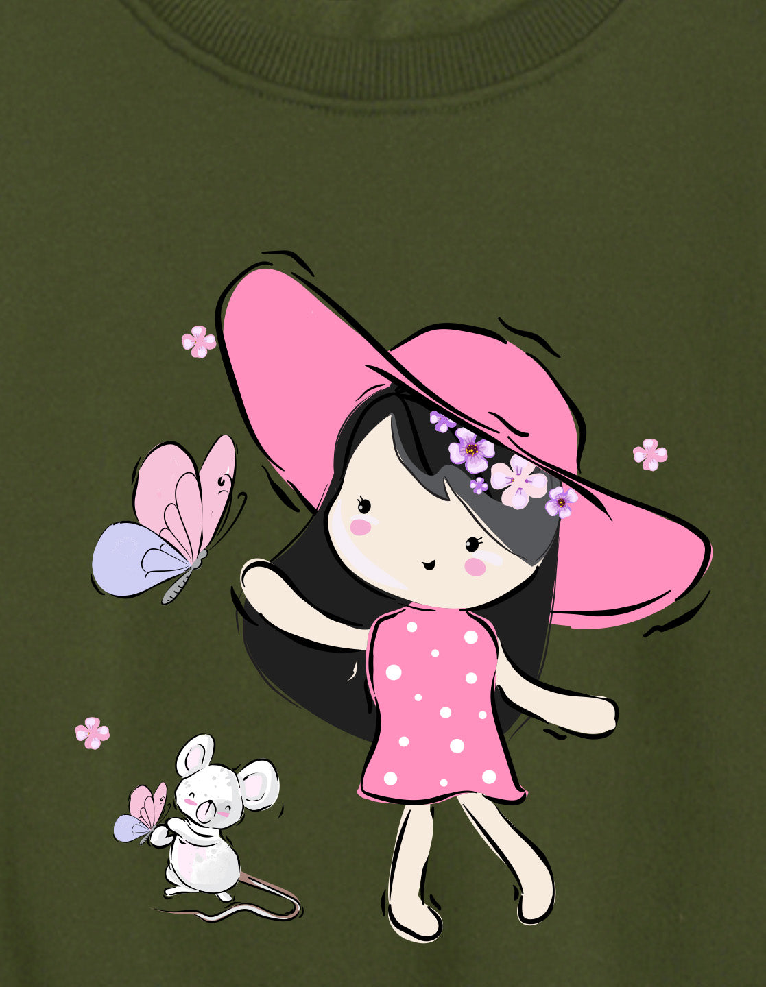 Nusyl Girl's Olive Cute Girl Printed Round Neck Oversized Sweatshirt