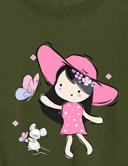 Nusyl Girl's Olive Cute Girl Printed Round Neck Oversized Sweatshirt