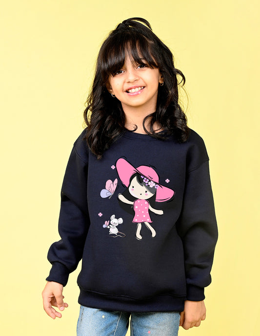 Nusyl Girl's Navy Blue Cute Girl Printed Round Neck Oversized Sweatshirt