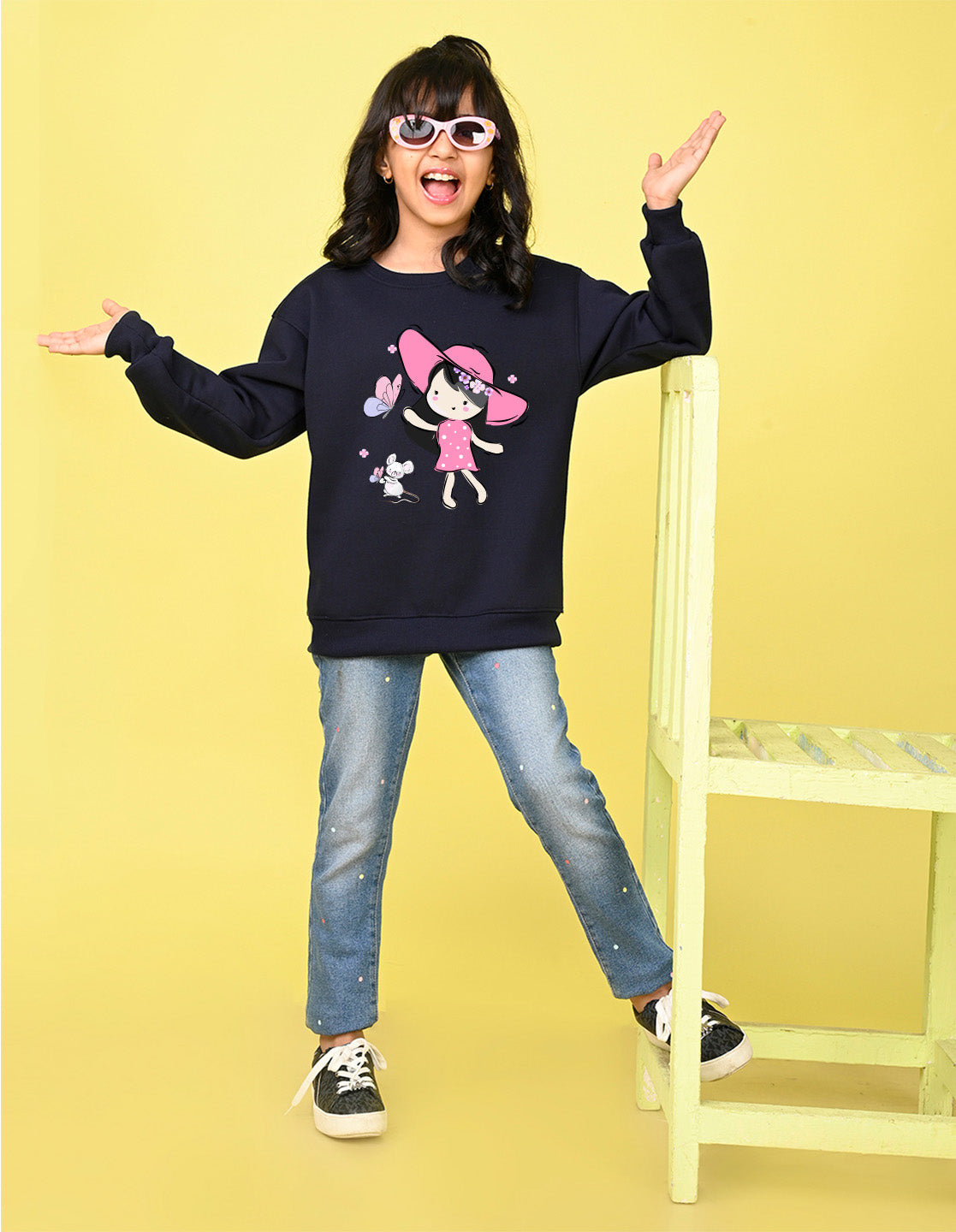 Nusyl Girl's Navy Blue Cute Girl Printed Round Neck Oversized Sweatshirt