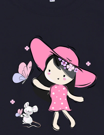 Nusyl Girl's Navy Blue Cute Girl Printed Round Neck Oversized Sweatshirt