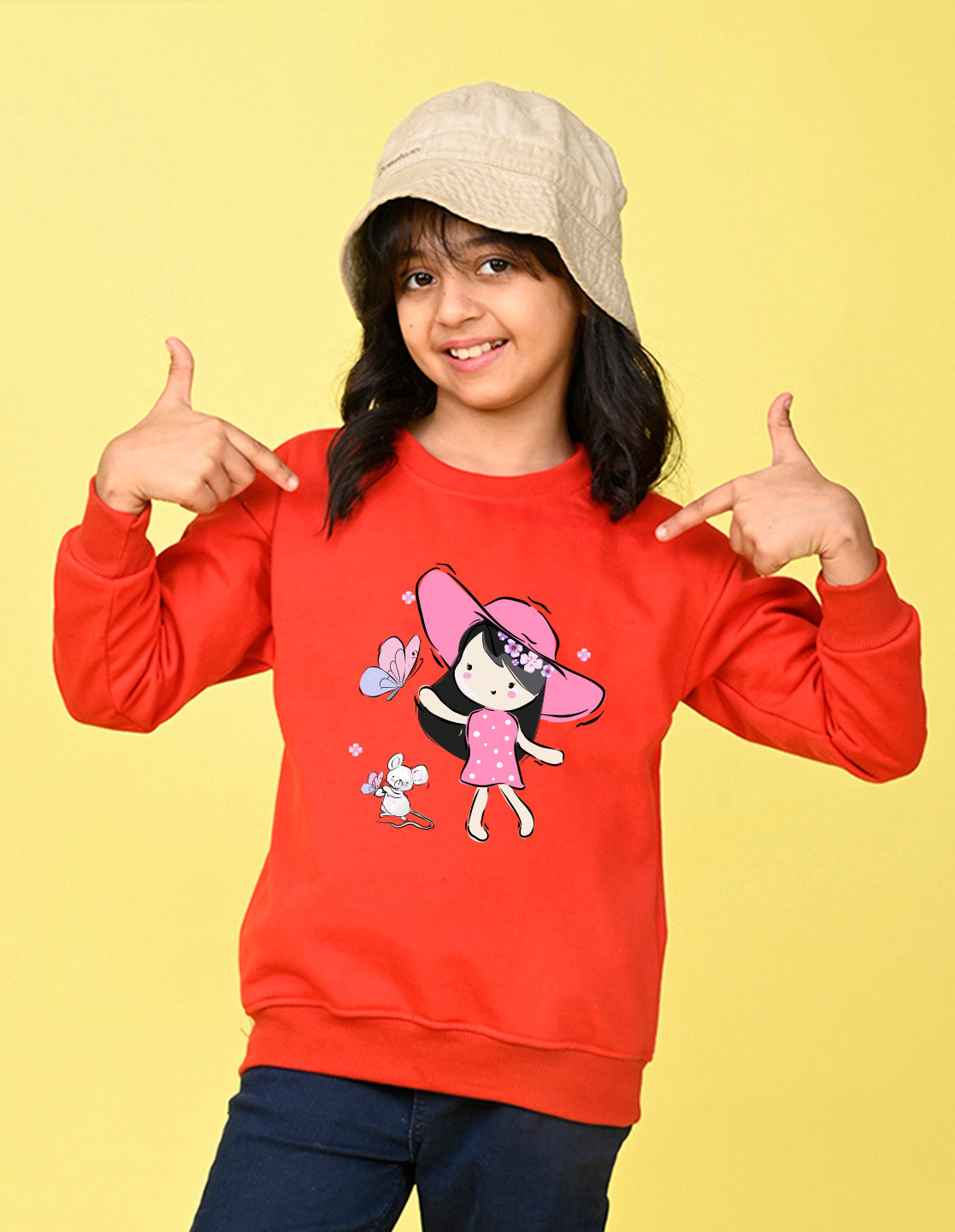 Nusyl Girl's Red Cute Girl Printed Round Neck Oversized Sweatshirt