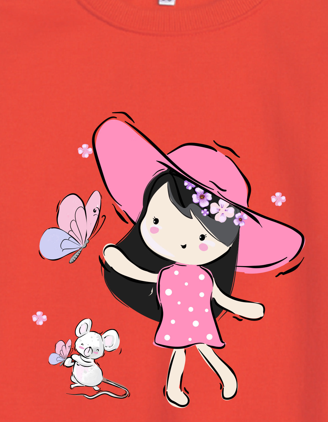 Nusyl Girl's Red Cute Girl Printed Round Neck Oversized Sweatshirt