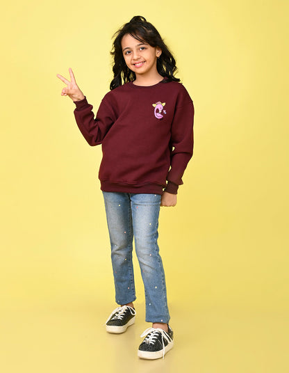 Nusyl Girl's Burgundy Flamingo  Printed Round Neck Oversized Sweatshirt