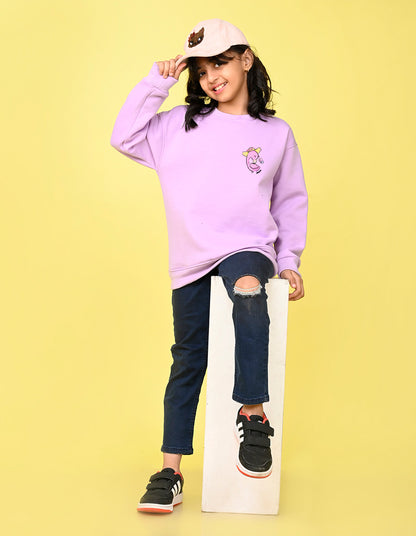 Nusyl Girl's Lilac Flamingo  Printed Round Neck Oversized Sweatshirt
