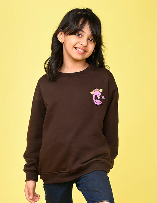 Nusyl Girl's Brown Flamingo  Printed Round Neck Oversized Sweatshirt