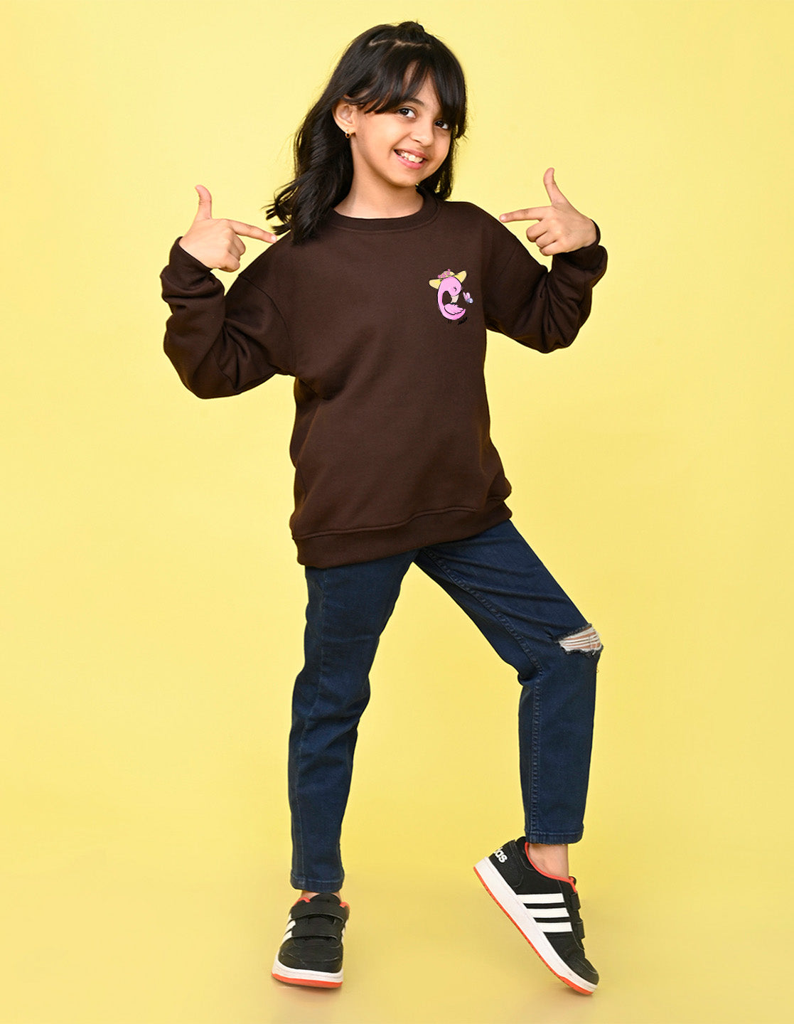 Nusyl Girl's Brown Flamingo  Printed Round Neck Oversized Sweatshirt