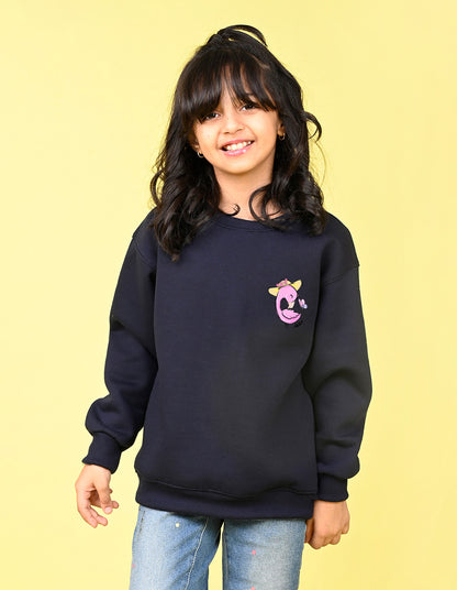 Nusyl Girl's Navy Blue Flamingo  Printed Round Neck Oversized Sweatshirt