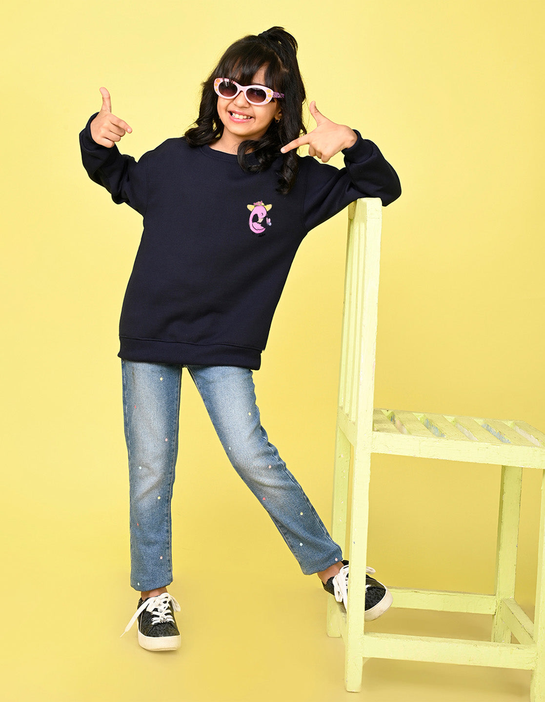 Nusyl Girl's Navy Blue Flamingo  Printed Round Neck Oversized Sweatshirt