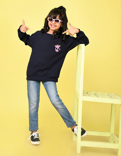 Nusyl Girl's Navy Blue Flamingo  Printed Round Neck Oversized Sweatshirt