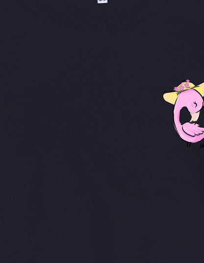 Nusyl Girl's Navy Blue Flamingo  Printed Round Neck Oversized Sweatshirt