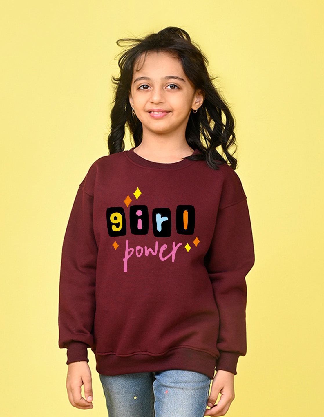 Nusyl Girl's Burgundy Girl Power Text Printed Round Neck Oversized Sweatshirt