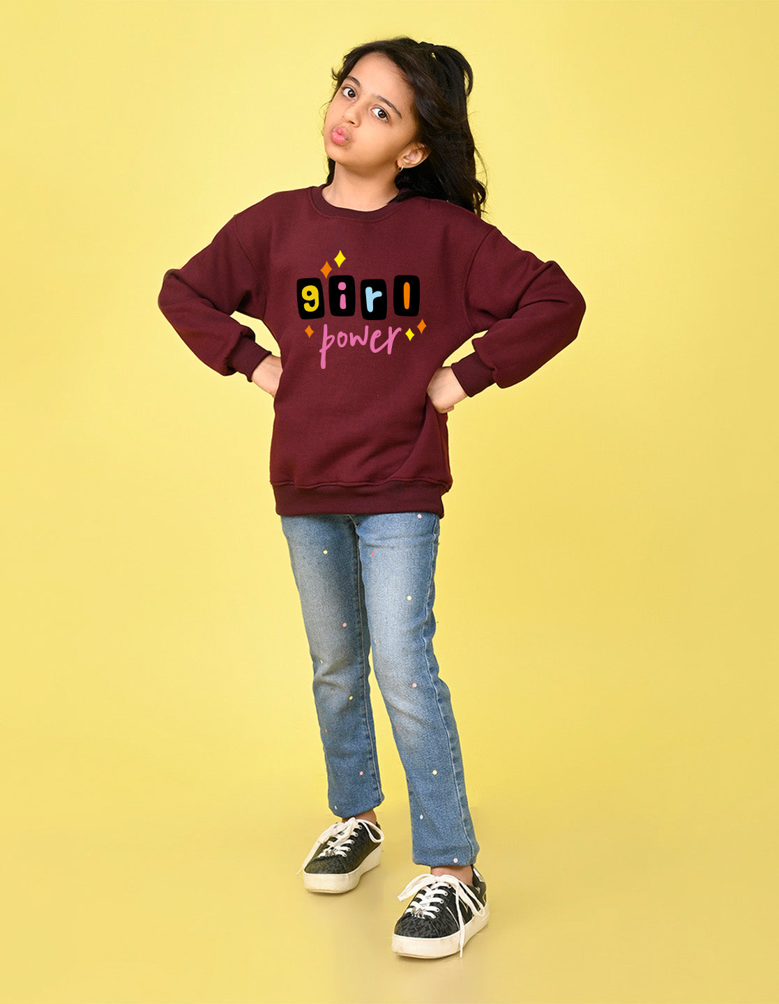 Nusyl Girl's Burgundy Girl Power Text Printed Round Neck Oversized Sweatshirt