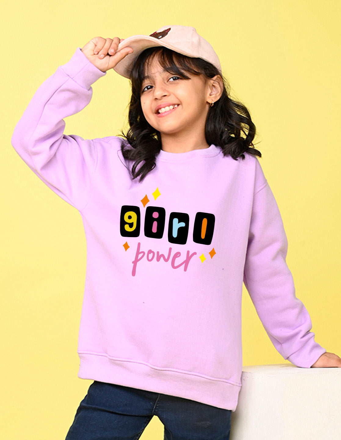 Nusyl Girl's Lilac Girl Power Text Printed Round Neck Oversized Sweatshirt