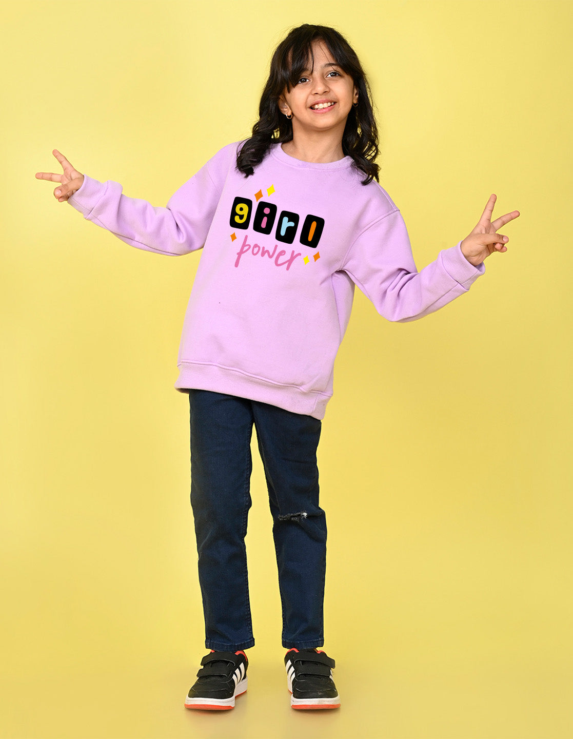 Nusyl Girl's Lilac Girl Power Text Printed Round Neck Oversized Sweatshirt