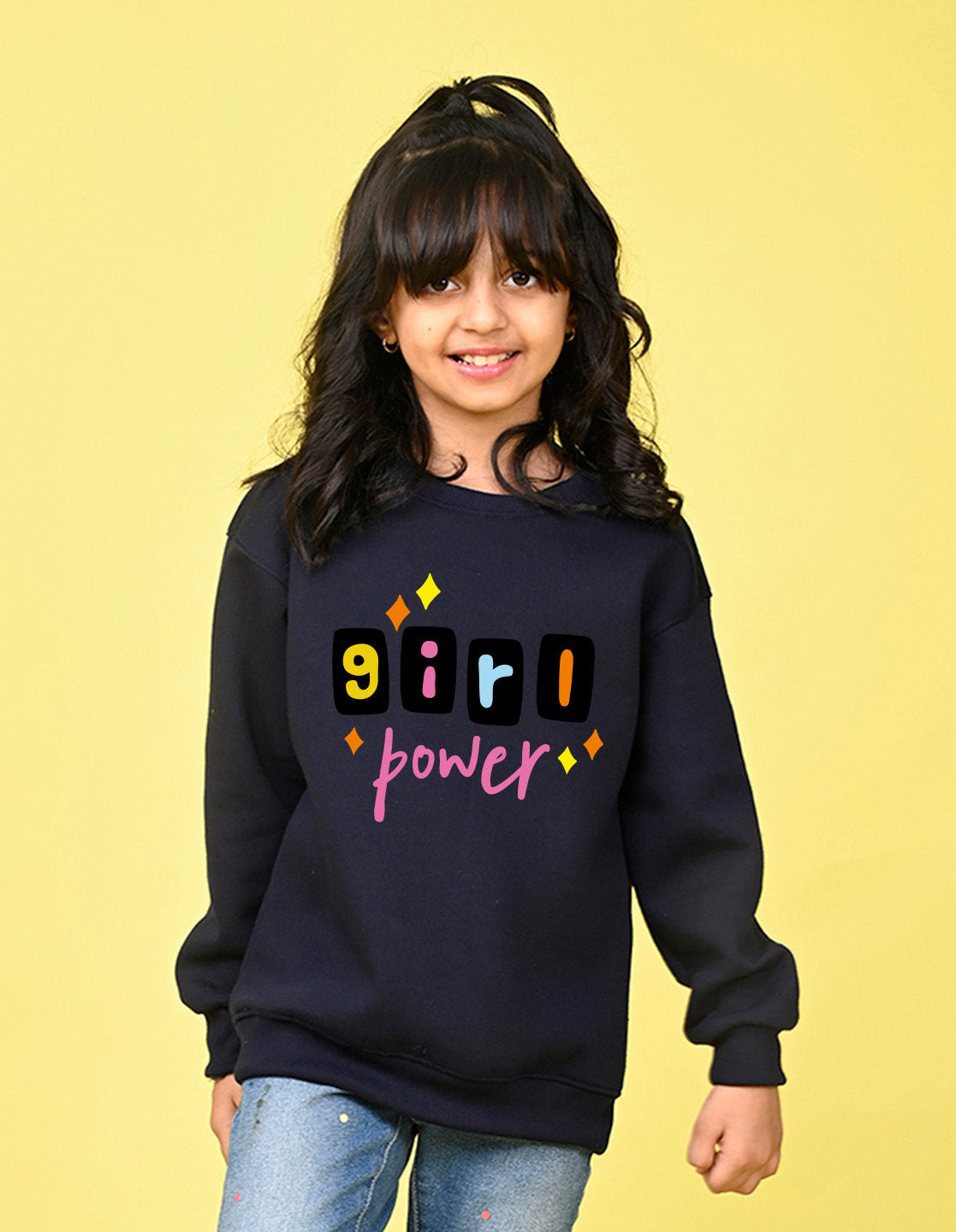 Nusyl Girl's Navy Blue Girl Power Text Printed Round Neck Oversized Sweatshirt