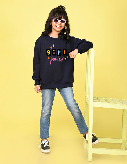 Nusyl Girl's Navy Blue Girl Power Text Printed Round Neck Oversized Sweatshirt