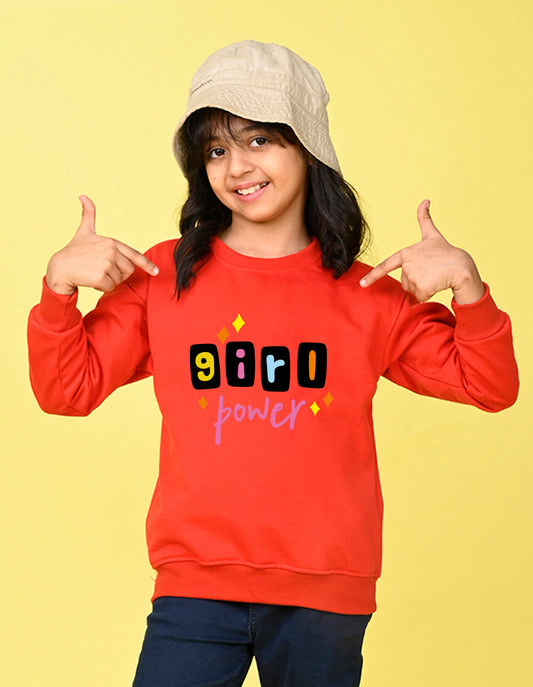Nusyl Girl's Red Girl Power Text Printed Round Neck Oversized Sweatshirt