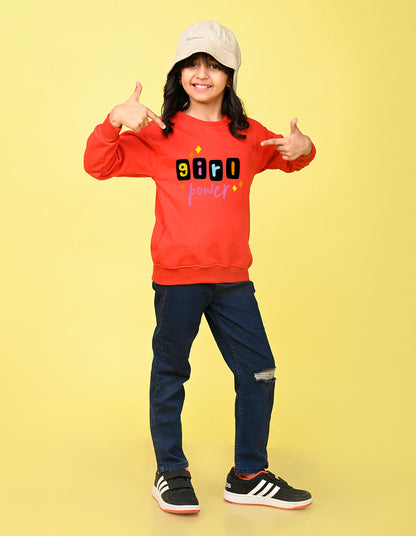 Nusyl Girl's Red Girl Power Text Printed Round Neck Oversized Sweatshirt