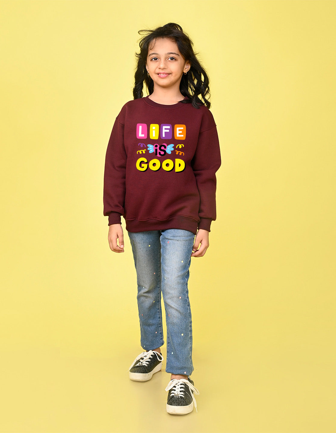 Nusyl Girl's Burgundy Life is Good Text Printed Round Neck Oversized Sweatshirt