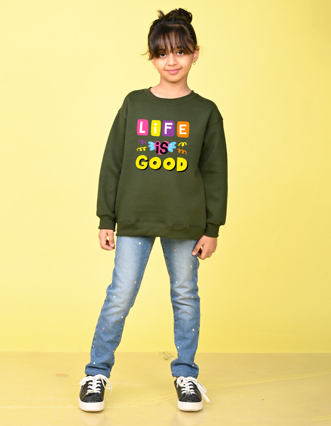 Nusyl Girl's Olive Life is Good Text Printed Round Neck Oversized Sweatshirt