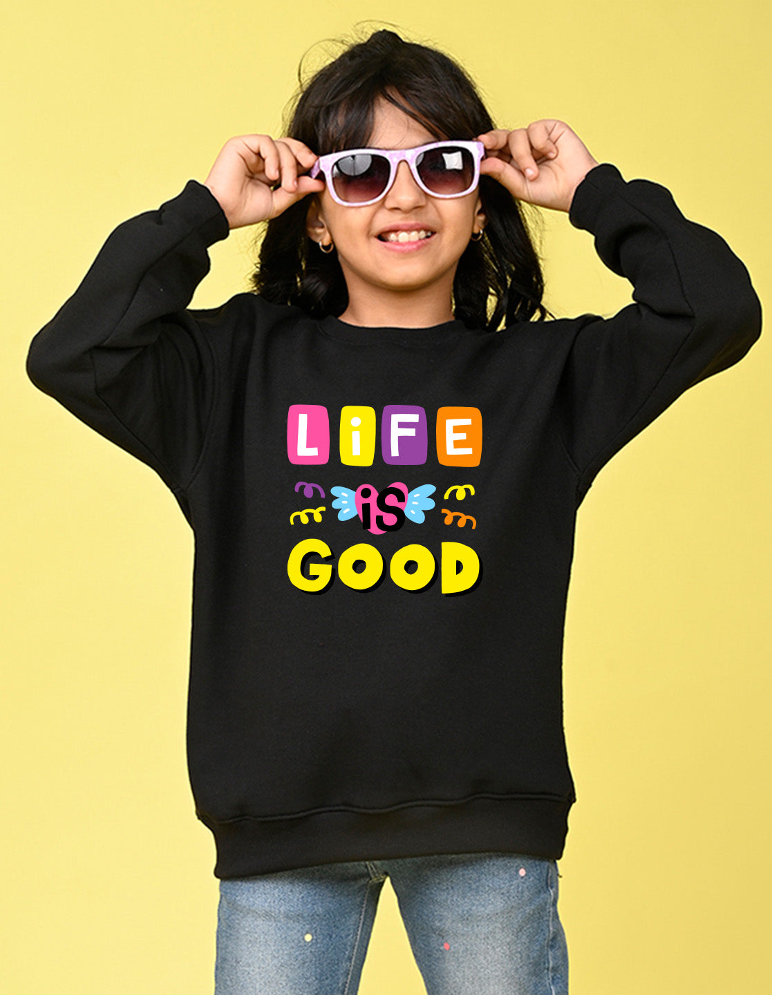 Nusyl Girl's Black Life is Good Text Printed Round Neck Oversized Sweatshirt