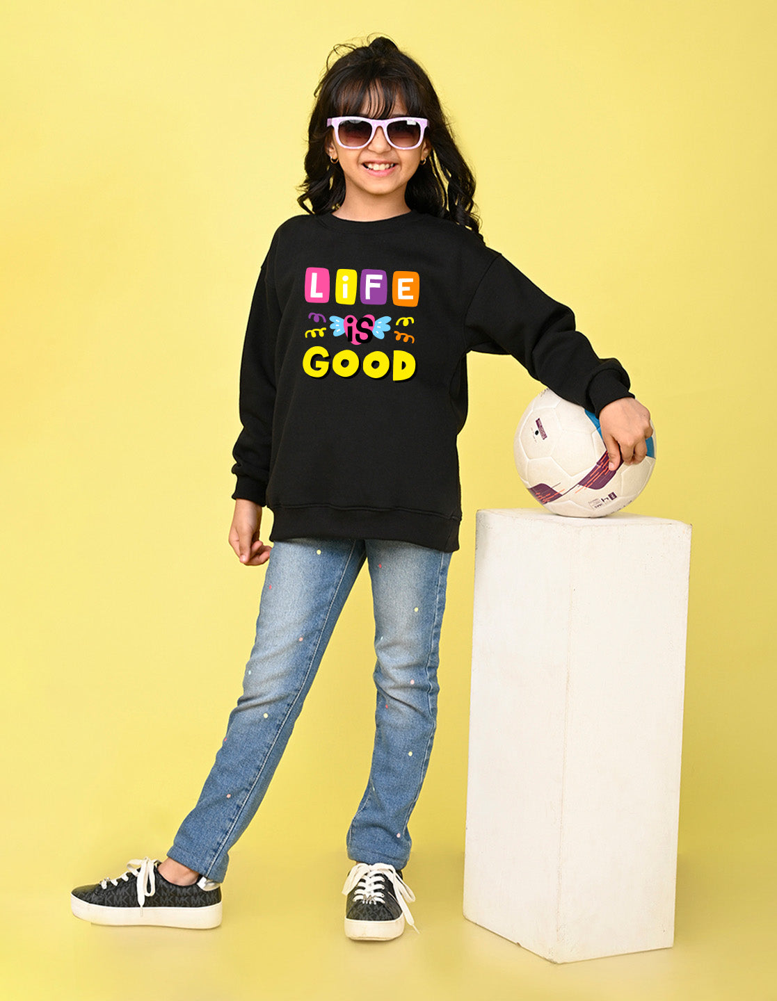 Nusyl Girl's Black Life is Good Text Printed Round Neck Oversized Sweatshirt