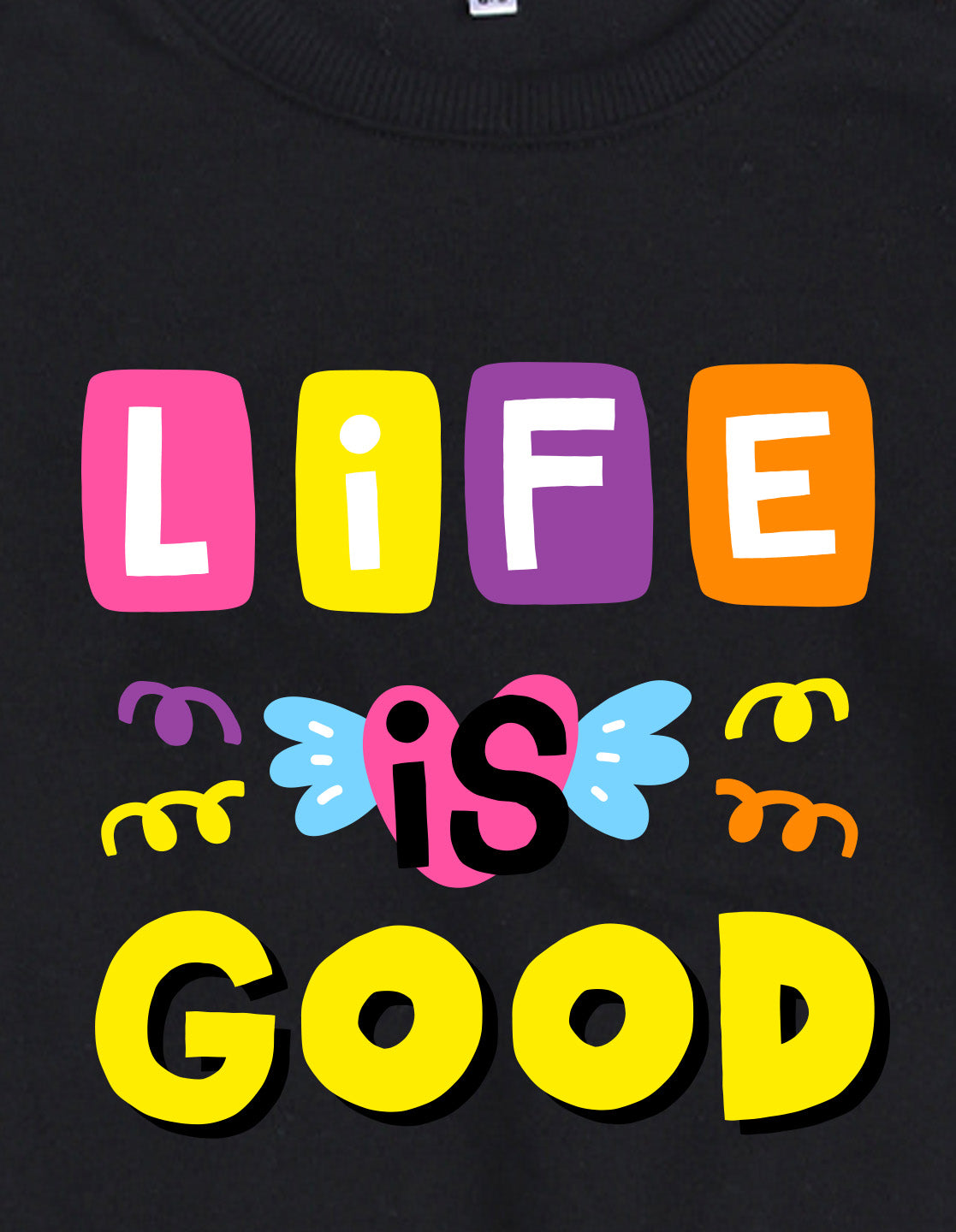 Nusyl Girl's Black Life is Good Text Printed Round Neck Oversized Sweatshirt