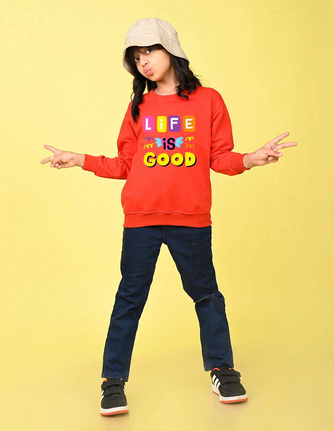 Nusyl Girl's Red Life is Good Text Printed Round Neck Oversized Sweatshirt