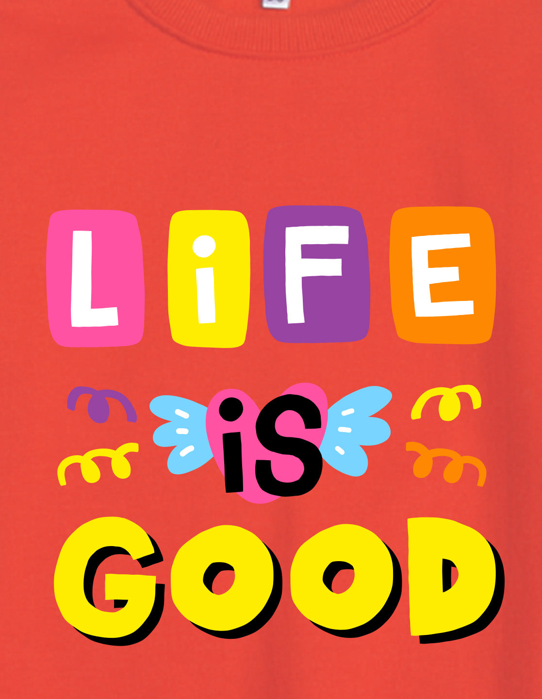 Nusyl Girl's Red Life is Good Text Printed Round Neck Oversized Sweatshirt