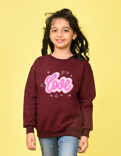 Nusyl Girl's Burgundy Love Text Printed Round Neck Oversized Sweatshirt