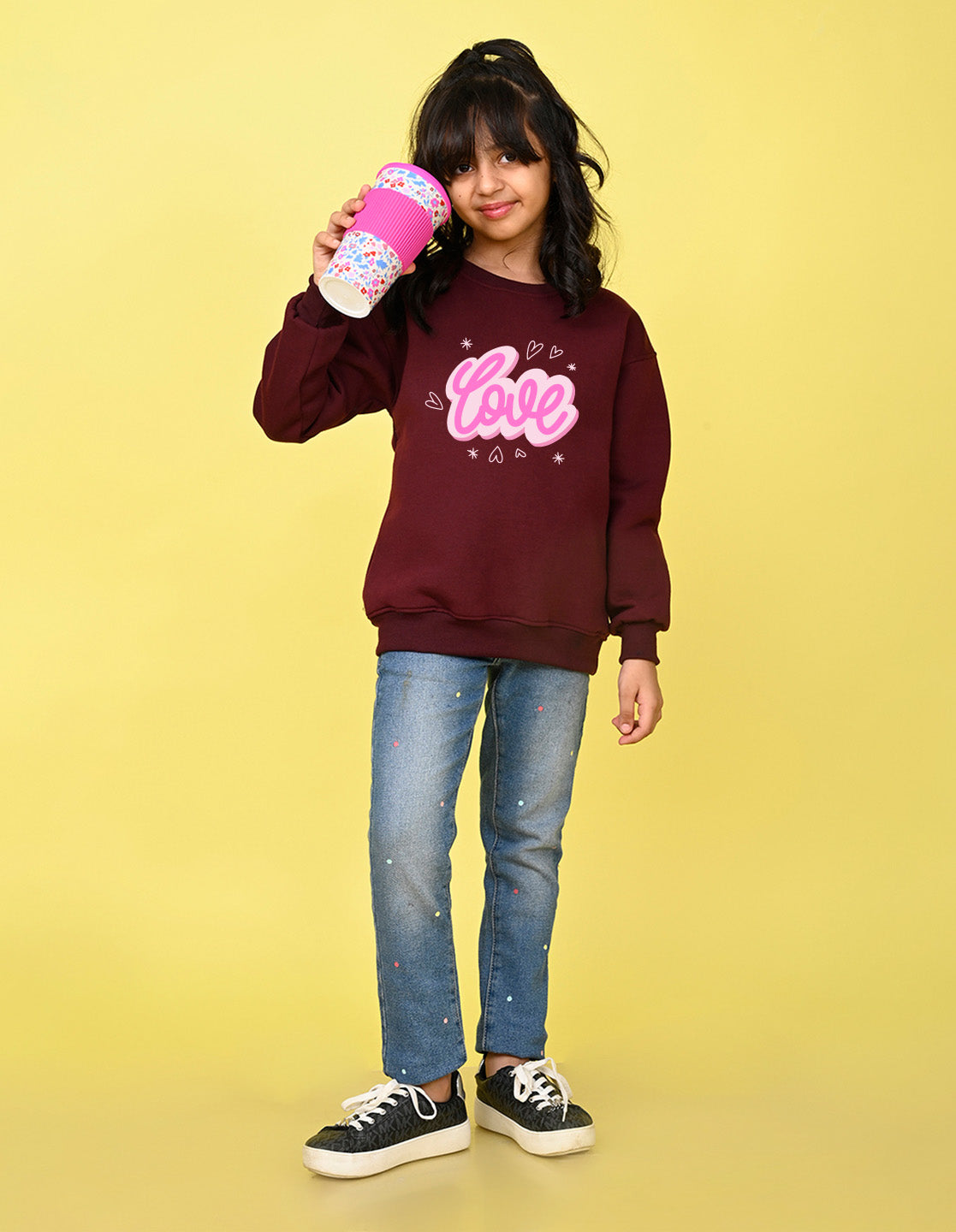 Nusyl Girl's Burgundy Love Text Printed Round Neck Oversized Sweatshirt