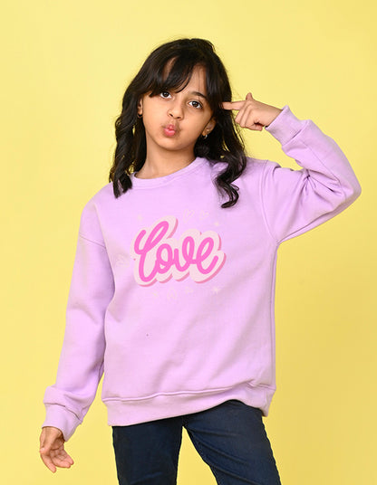 Nusyl Girl's Lilac Love Text Printed Round Neck Oversized Sweatshirt
