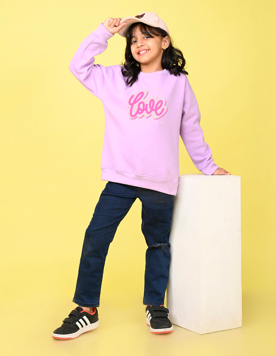 Nusyl Girl's Lilac Love Text Printed Round Neck Oversized Sweatshirt