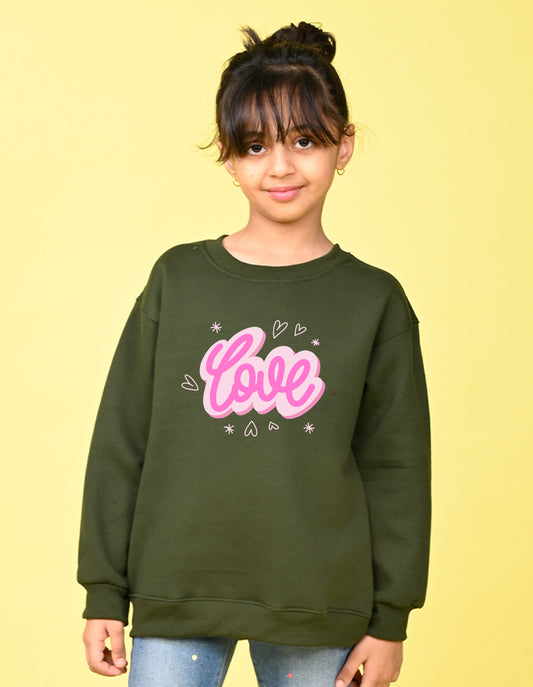 Nusyl Girl's Olive Love Text Printed Round Neck Oversized Sweatshirt