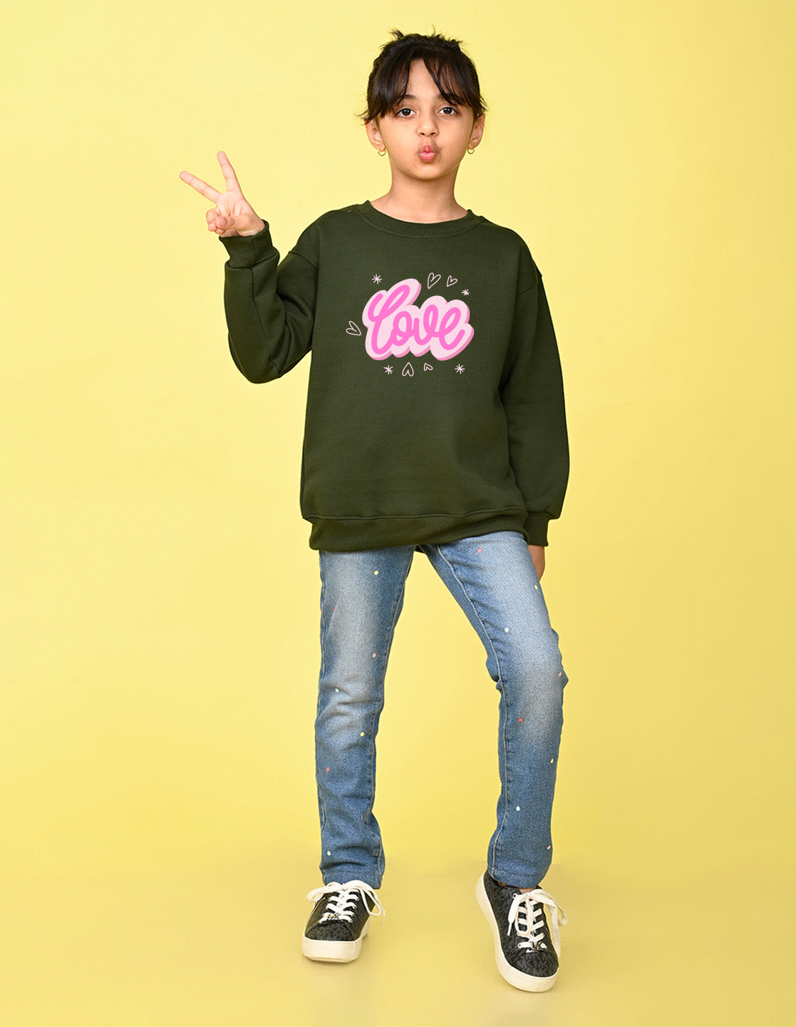 Nusyl Girl's Olive Love Text Printed Round Neck Oversized Sweatshirt