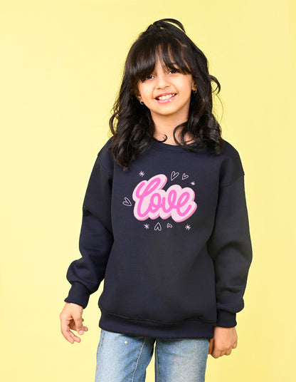 Nusyl Girl's Navy Blue Love Text Printed Round Neck Oversized Sweatshirt