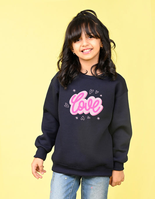 Nusyl Girl's Navy Blue Love Text Printed Round Neck Oversized Sweatshirt