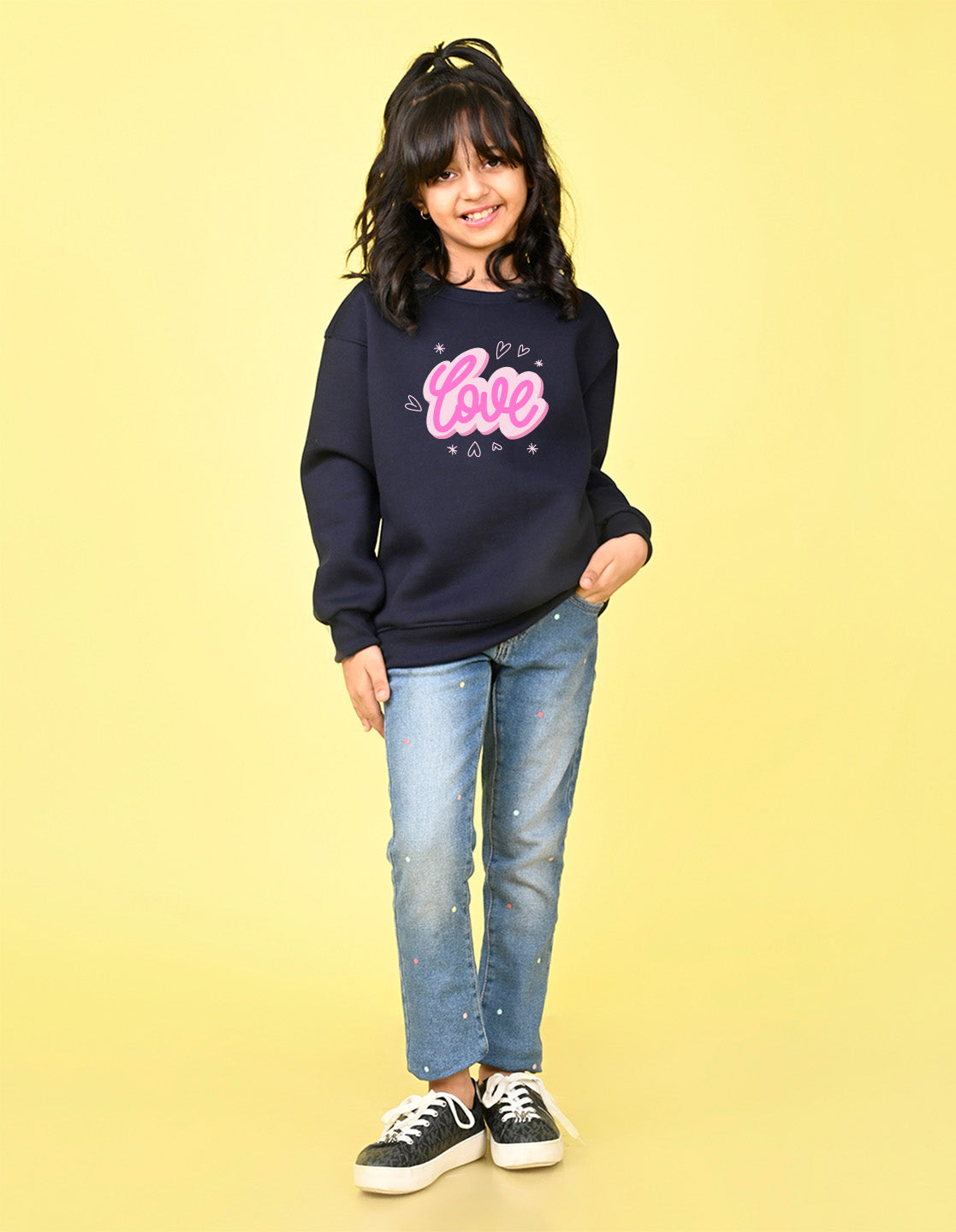 Nusyl Girl's Navy Blue Love Text Printed Round Neck Oversized Sweatshirt
