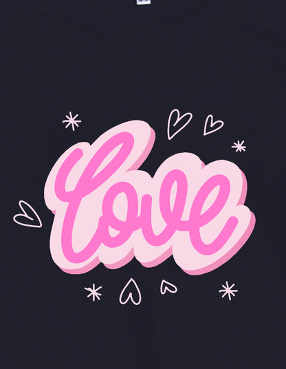 Nusyl Girl's Navy Blue Love Text Printed Round Neck Oversized Sweatshirt