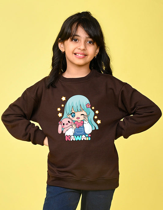 Nusyl Girl's Brown Cute girl & kawaii Text Printed Round Neck Oversized Sweatshirt