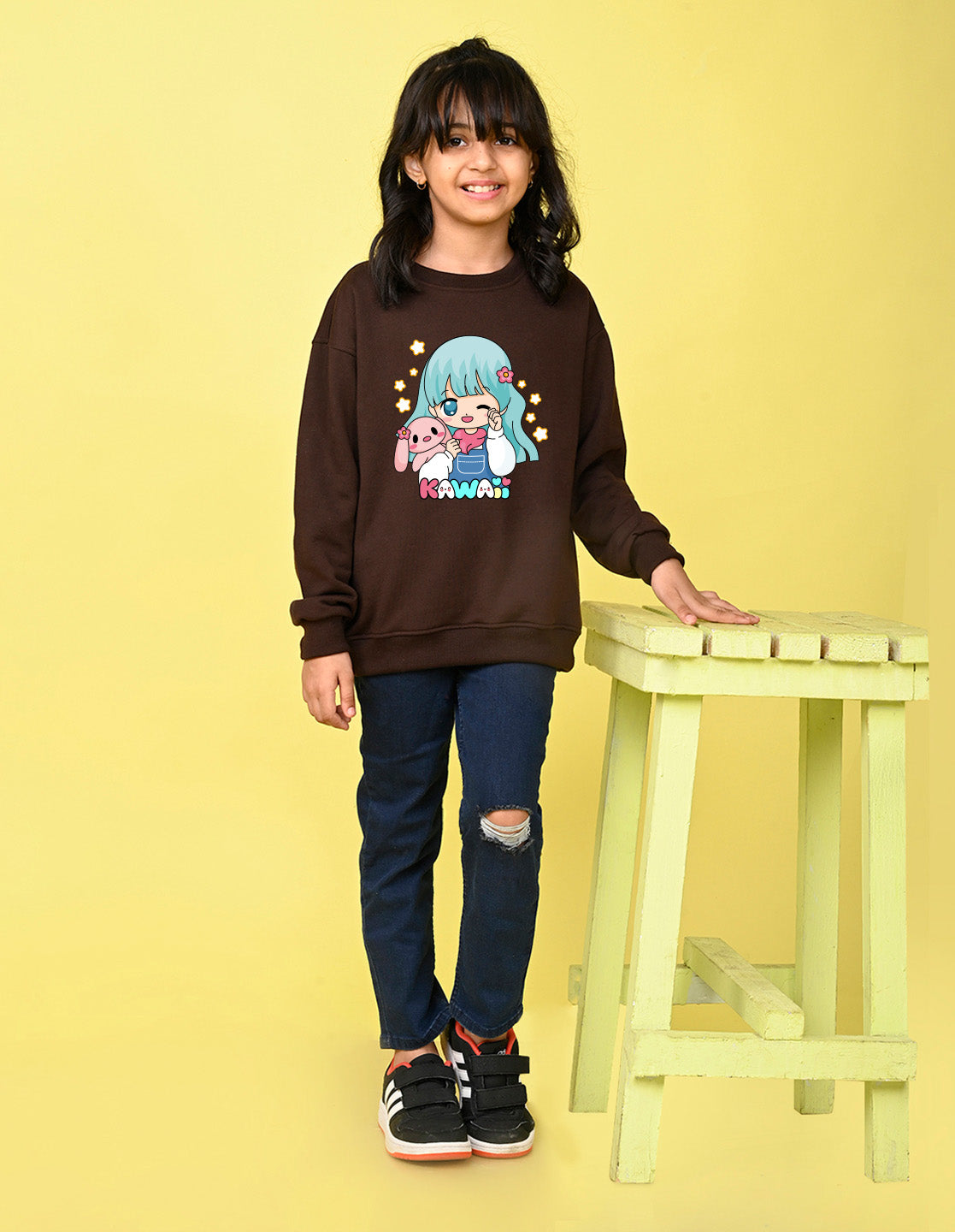Nusyl Girl's Brown Cute girl & kawaii Text Printed Round Neck Oversized Sweatshirt