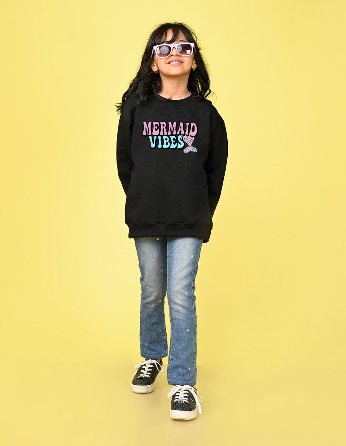 Nusyl Girl's Black Cute girl & kawaii Text Printed Round Neck Oversized Sweatshirt