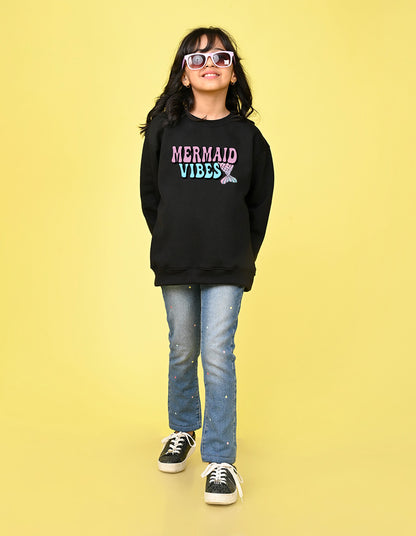 Nusyl Girl's Black Cute girl & kawaii Text Printed Round Neck Oversized Sweatshirt