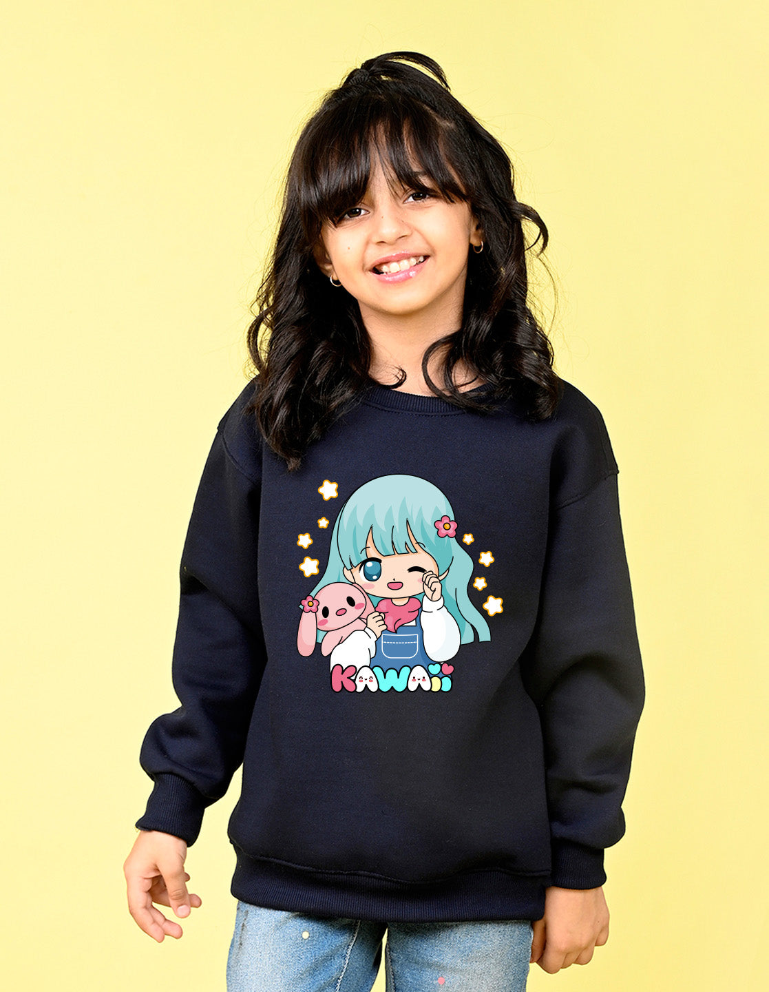 Nusyl Girl's Navy Blue Cute girl & kawaii Text Printed Round Neck Oversized Sweatshirt