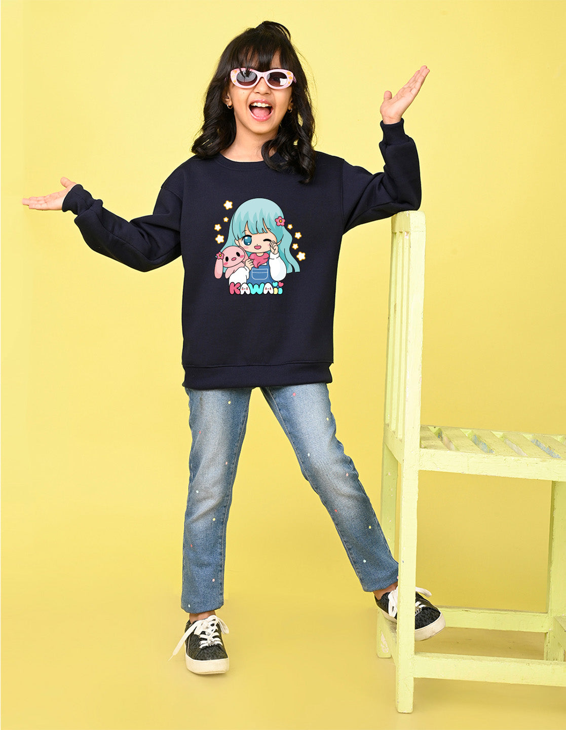Nusyl Girl's Navy Blue Cute girl & kawaii Text Printed Round Neck Oversized Sweatshirt
