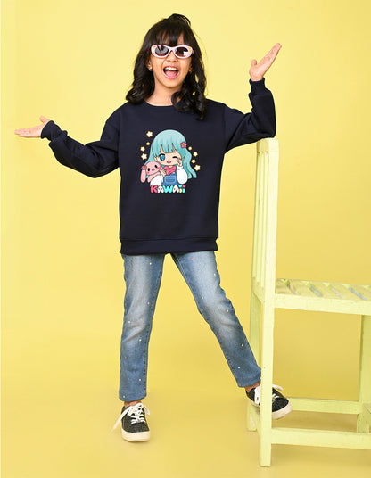 Nusyl Girl's Navy Blue Cute girl & kawaii Text Printed Round Neck Oversized Sweatshirt
