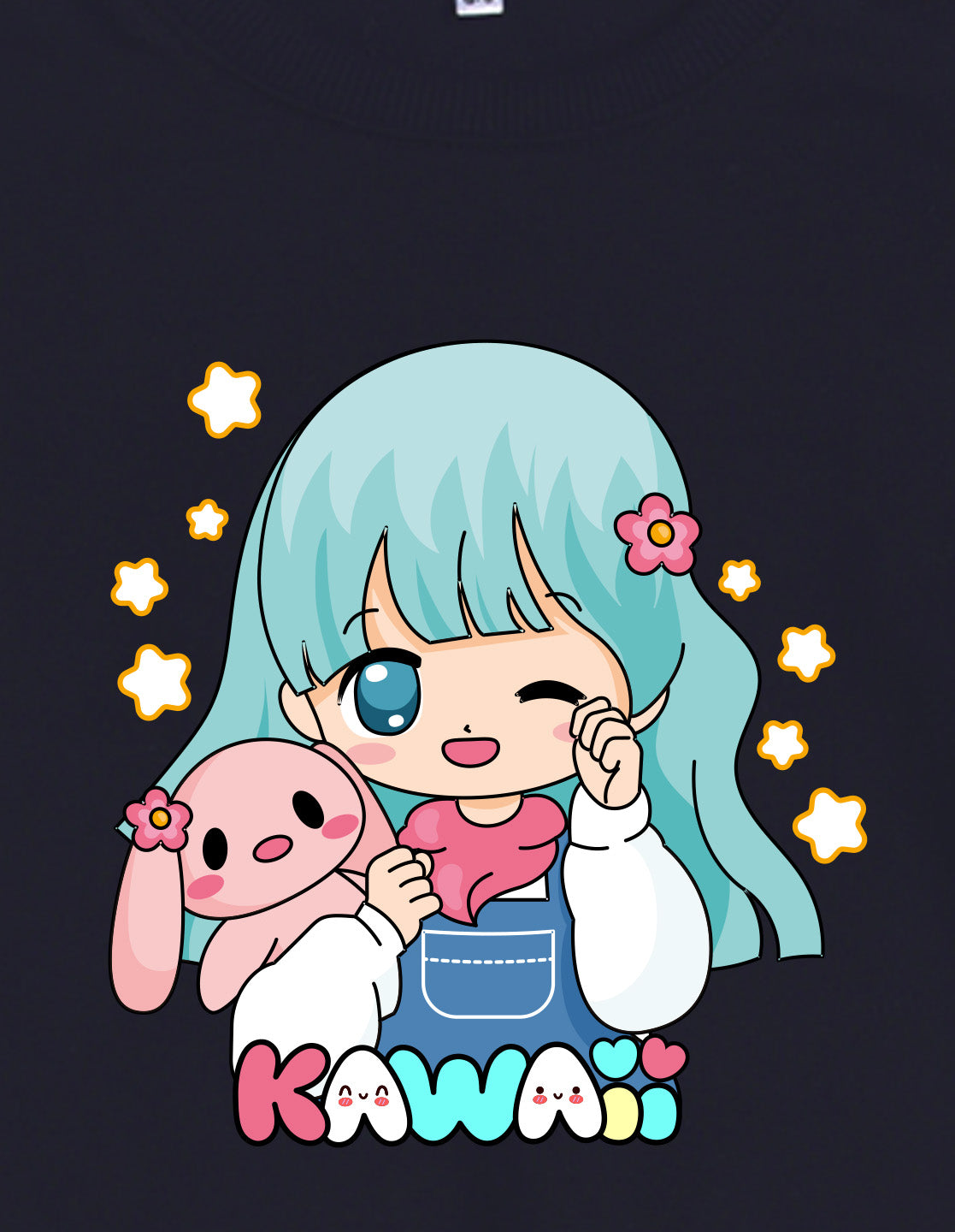 Nusyl Girl's Navy Blue Cute girl & kawaii Text Printed Round Neck Oversized Sweatshirt