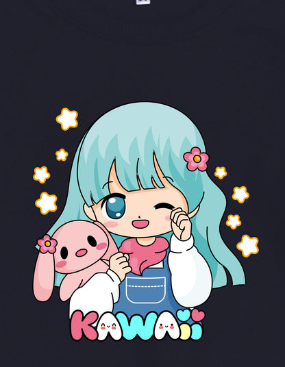 Nusyl Girl's Navy Blue Cute girl & kawaii Text Printed Round Neck Oversized Sweatshirt